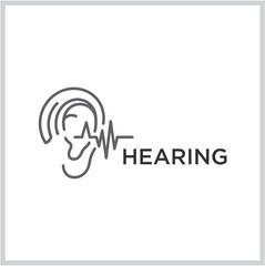 Hearing icon featuring an ear symbol with sound waves and the word 'Hearing' for audiology