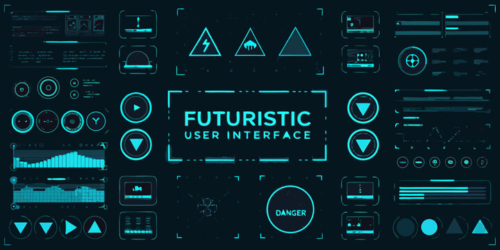 Futuristic user interface with glowing blue digital elements and data visualizations on a dark background