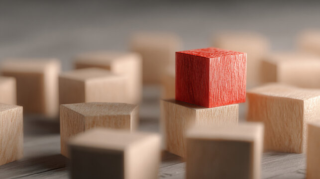 A unique red cube stands out among other wooden blocks
