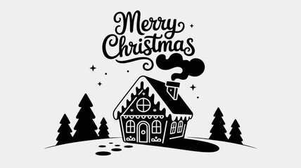 Whimsical black and white illustration of a gingerbread house with smoke billowing from the chimney and merry christmas text above