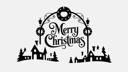 Fototapeta premium Elegant merry christmas lettering design framed by a decorative arch with festive winter village silhouette below