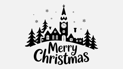 Fototapeta premium Charming silhouette of a snowy village with a clock tower and pine trees under falling snowflakes celebrating merry christmas
