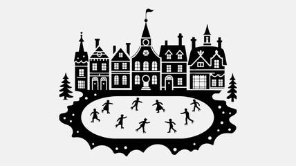 Charming black and white illustration of a quaint european town with people ice skating on a frozen pond during winter