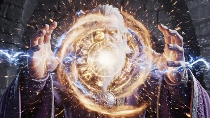 Mystic Wizard Casting Spell with Energy Orb and Lightning Bolts.