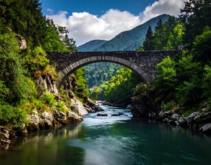 Stone bridge arches over a tranquil river in a lush, mountainous landscape