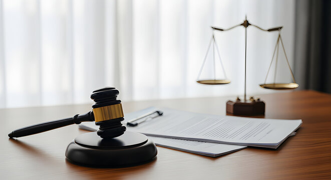 Legal concept with gavel, scales of justice, and documents on a wooden desk