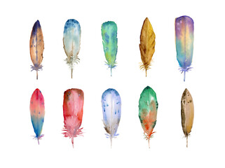 Watercolor feathers handpainted, fun and colorful, for use in fantasy illustrations or patterns