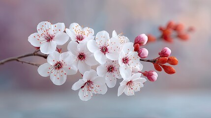 Close up macro shot of delicate white cherry blossoms with pink centers on a thin branch with unfurling buds against a soft bokeh background during daylight