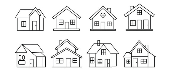 Detailed Outline Drawings of Various House Types for Architectural Graphics