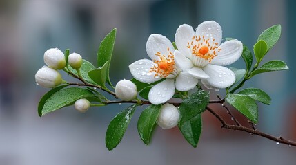 Close up macro shot of delicate white citrus flowers with vibrant orange centers adorned with fresh water droplets on green leaves and buds in soft focus background outdoor lighting