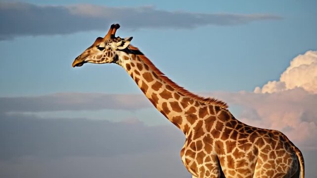 Giraffe portrait against a backdrop of fluffy clouds and a blue sky at golden hour light giraffe video