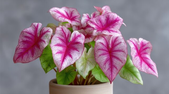 Close Up Of A Caladium Plant With Vibrant Pink And Green Heart Shaped Leaves In A Simple Pot With A Neutral Gray Background And Soft Lighting