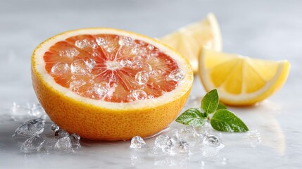 Close up of a juicy grapefruit half with water droplets surrounded by ice cubes and fresh mint leaves beside lemon slices on a gray marble surface with soft lighting and a shallow depth of field
