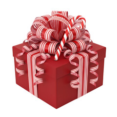 Festive red gift box with candy cane ribbon bow