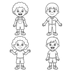 Vector illustration of four diverse children figures in black and white line art vector