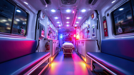 Fototapeta premium Emergency medical equipment inside ambulance, dramatic lighting and urgent care concept