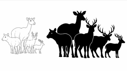 High Quality Black Silhouette and Line Art of Deer Family in Nature Scene