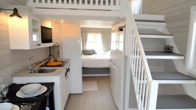 Cozy tiny house interior with modern design and loft