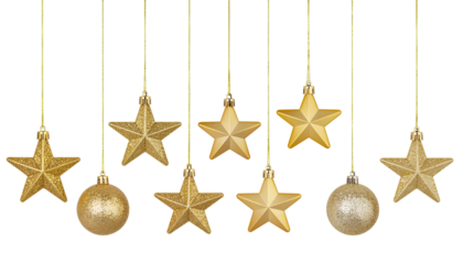 Ultra-realistic PNG set of hanging Christmas decorations, elegant gold and silver star
