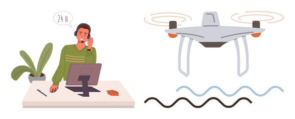 Customer service agent in headset at desk assisting with quadcopter flight navigation. Ideal for technology, customer service, Quadcopter operation, remote work, communication, innovation, simple