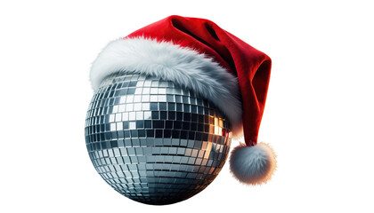 Ultra-realistic silver disco ball covered in tiny mirrored glass tiles, wearing a red