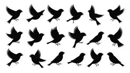 Collection of 16 silhouette finch bird vector illustrations for diverse design needs vector
