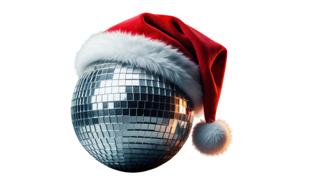 Ultra-realistic silver disco ball covered in tiny mirrored glass tiles, wearing a red