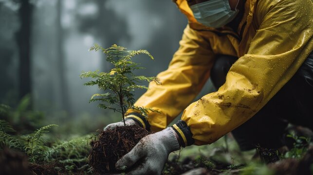 Person planting a tree seedling in a forest environment.