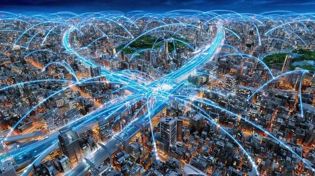 Urban Connectivity: Futuristic cityscape, pulsating with an intricate web of digital connections, illuminating the skyline.