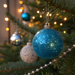 A close up shot of a christmas tree with blue and silver ornaments and string lights in the background