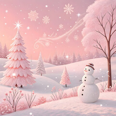 A whimsical winter landscape featuring pink christmas trees and a cheerful snowman in a snowy scene