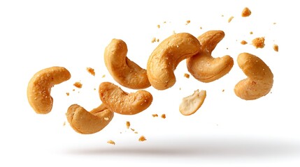 cashew nuts and small crumbs splashes in air isolated on white background 