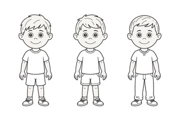 Scalable vector line art illustration of three cartoon boys diverse styles for educational and playful designs vector