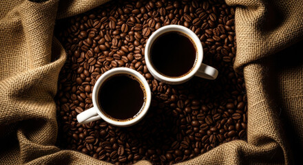 Two cups of hot coffee resting on a bed of roasted coffee beans
