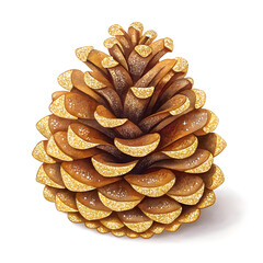 A detailed illustration of a pine cone with gold glitter accents on a white background