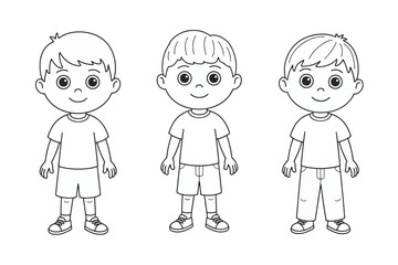 Vector line drawing illustration of three cute cartoon boys standing together scalable eps graphic vector