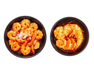 Close-Up Shrimp Duo Featuring Spicy Marinade and Herb Garnish — isolated on transparent background