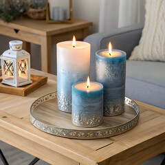 Illuminated candles on a tray with a lantern on a wooden table in a cozy living room setup