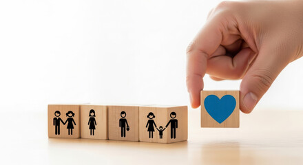 Hand placing wooden block with blue heart next to family figures