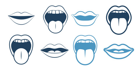 Collection of stylized lips and mouth illustrations showing various expressions and tongue movements vector vector