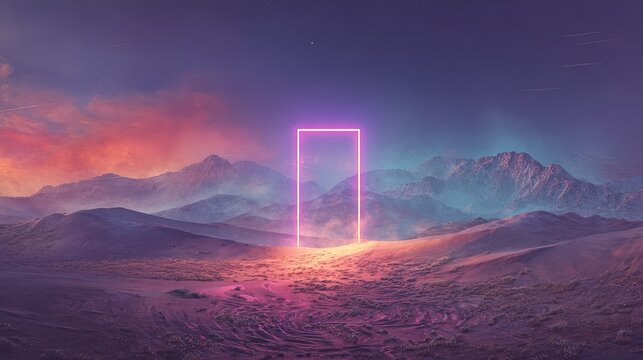 Neon Portal In Futuristic Desert Landscape - Powered by Adobe