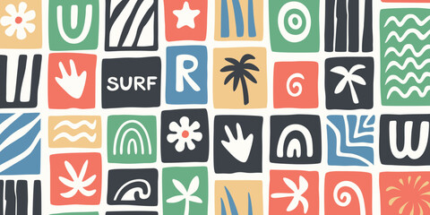 Retro mid century modern pattern with tropical beach and abstract shapes