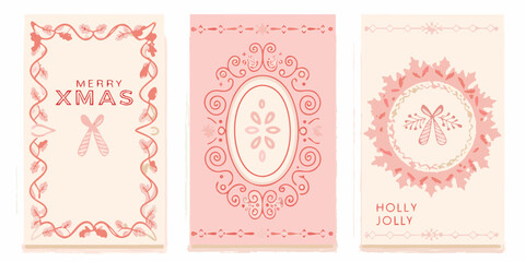 Three festive christmas cards with delicate pink and red floral borders and holiday greetings