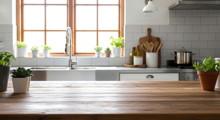Bright modern kitchen with wooden countertop and large window with plants