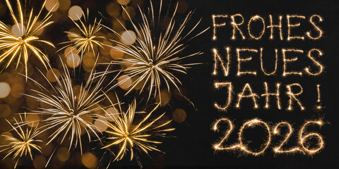 Frohes neues Jahr 2026 Grußkarte, Silvester Karte mit deutschem Text - Goldenes Feuerwerk,...
