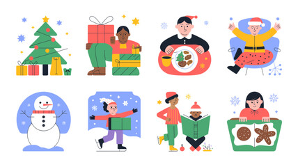 Fototapeta premium Collection of festive christmas illustrations featuring diverse people a decorated tree gifts a snowman and holiday treats