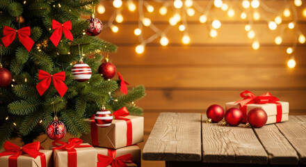 Festive christmas tree with presents and twinkling lights on wooden background