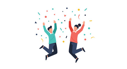Joyful team members celebrating success with vibrant confetti showering down in a modern, minimalist style