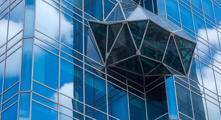 Obraz premium Geometric Glass Structure Attached to Modern Skyscraper Reflecting Blue Sky and Clouds