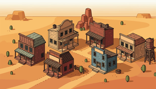 Vibrant cartoon western town scene with classic buildings and desert landscape creating a lively historic atmosphere